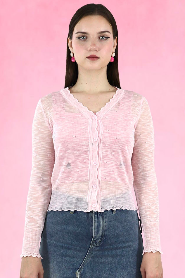 Polka Dot Button-Down sheer Cardigan – BUBBLE GUM