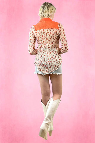 Sheer Flower Print Button Up Shirt