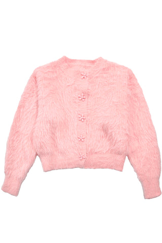 Flower button fuzzy cardigan