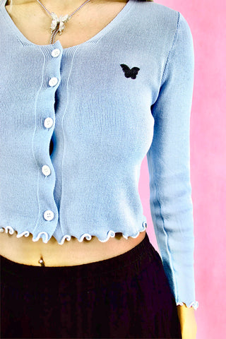 Butterfly Embroidery Lettuce Hem Crop Cardigan