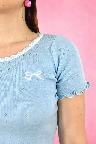 Ribbon Embroidered Openwork Knit T-Shirt