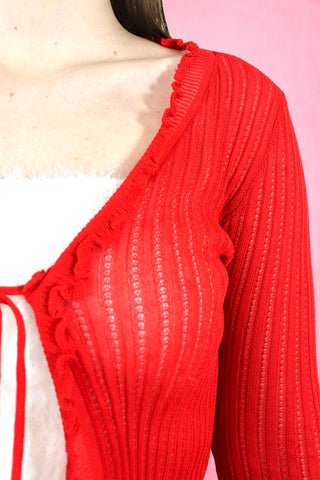 sheer Tie-Front Long Sleeve frill knit Cardigan