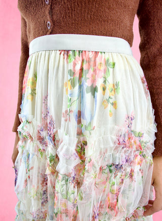 Floral Layered sheer Ruffle long Skirt