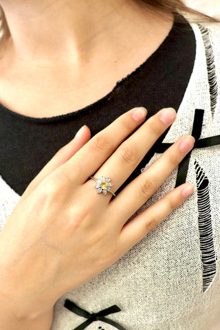 clear & yellow gems Silver Flower Ring