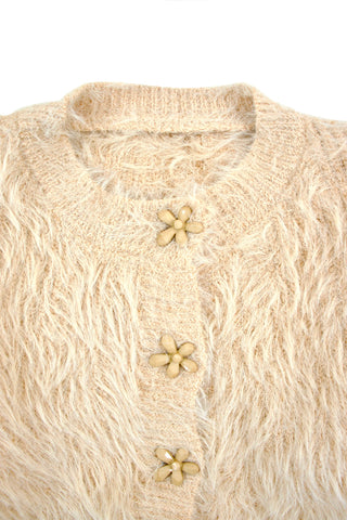 Flower button fuzzy cardigan