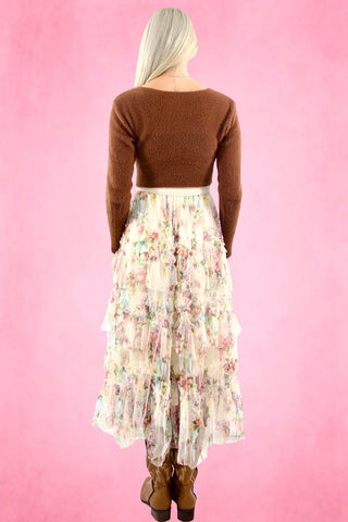 Floral Layered sheer Ruffle long Skirt