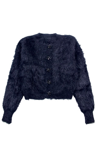 Flower button fuzzy cardigan