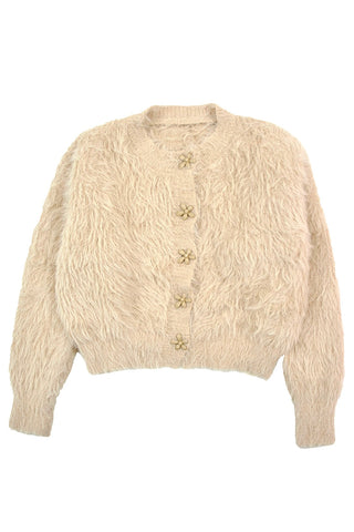 Flower button fuzzy cardigan