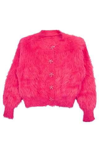 Flower button fuzzy cardigan