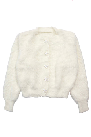 Flower button fuzzy cardigan