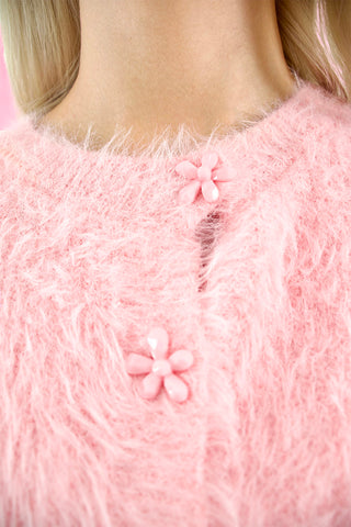 Flower button fuzzy cardigan