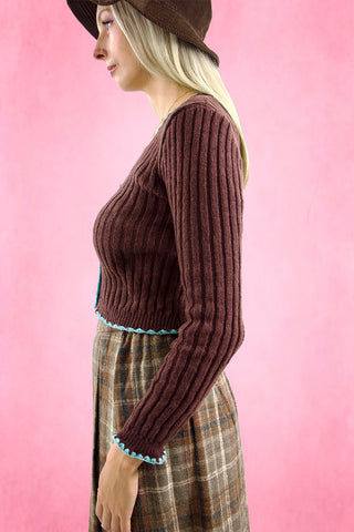 Ribbed Knit Contrast Trim Cardigan