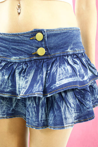 Ruffled Layer Wash Denim Mini Skirt
