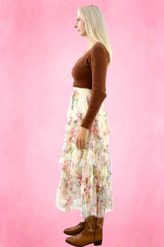 Floral Layered sheer Ruffle long Skirt