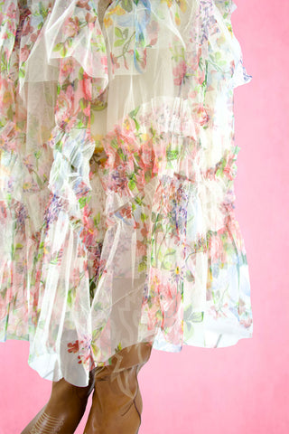 Floral Layered sheer Ruffle long Skirt