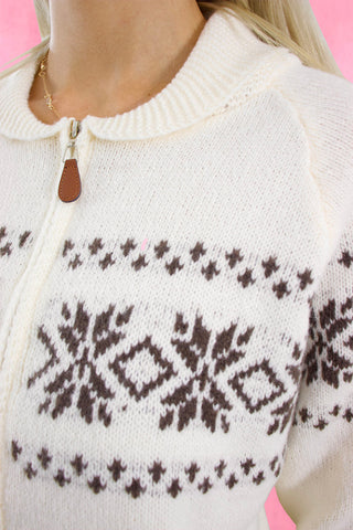 Snowflake Pattern collared Zip-Up Cardigan