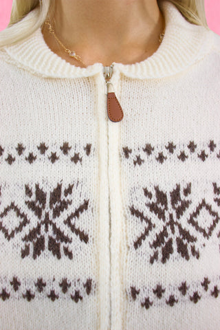 Snowflake Pattern collared Zip-Up Cardigan