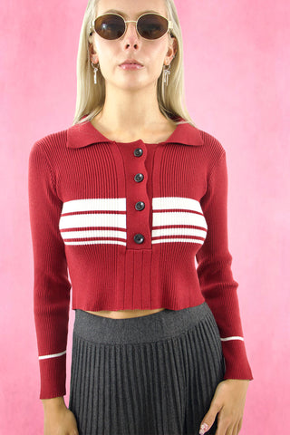 Ribbed knit stripe polo crop top