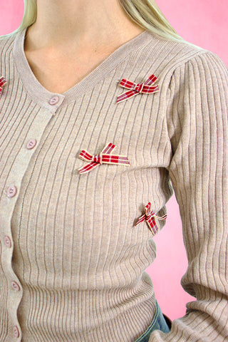 V-Neck Plaid Ribbon Cardigan