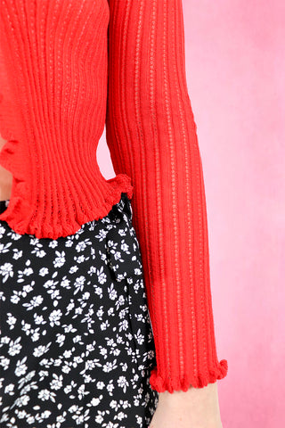 sheer Tie-Front Long Sleeve frill knit Cardigan