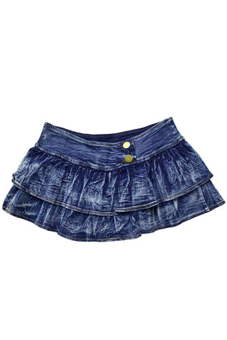 Ruffled Layer Wash Denim Mini Skirt