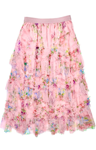 Floral Layered sheer Ruffle long Skirt