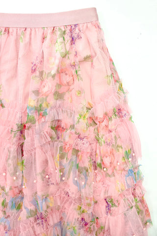 Floral Layered sheer Ruffle long Skirt