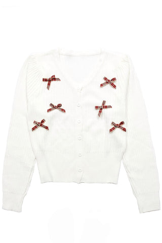 V-Neck Plaid Ribbon Cardigan