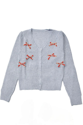 V-Neck Plaid Ribbon Cardigan