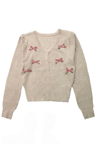 V-Neck Plaid Ribbon Cardigan