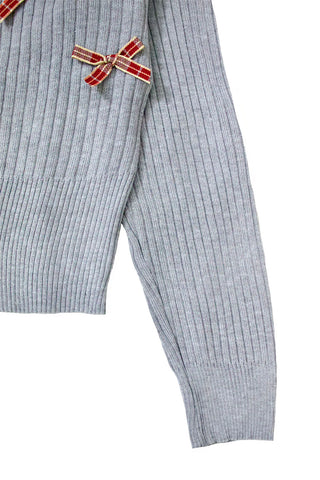 V-Neck Plaid Ribbon Cardigan