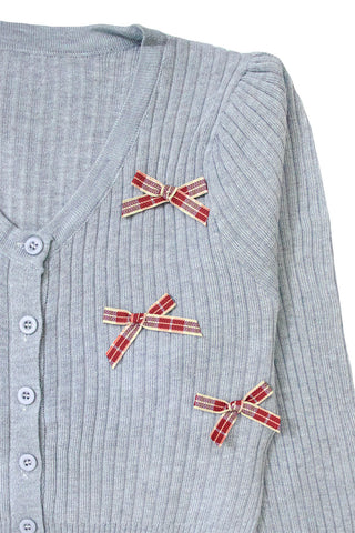 V-Neck Plaid Ribbon Cardigan