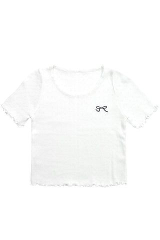 Ribbon Embroidered Openwork Knit T-Shirt