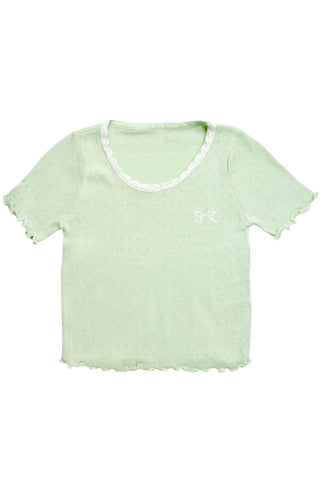 Ribbon Embroidered Openwork Knit T-Shirt