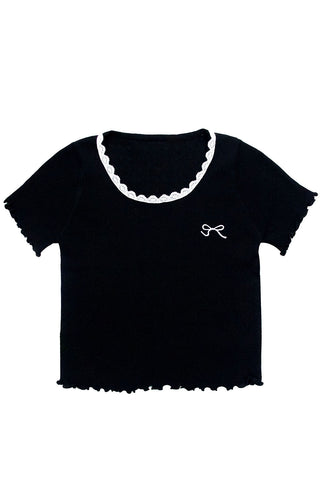 Ribbon Embroidered Openwork Knit T-Shirt