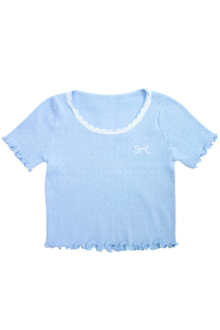 Ribbon Embroidered Openwork Knit T-Shirt