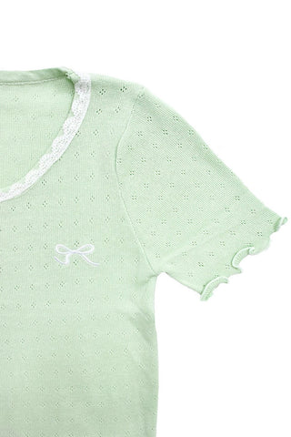 Ribbon Embroidered Openwork Knit T-Shirt