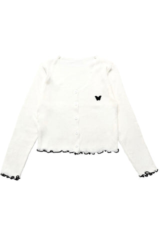 Butterfly Embroidery Lettuce Hem Crop Cardigan