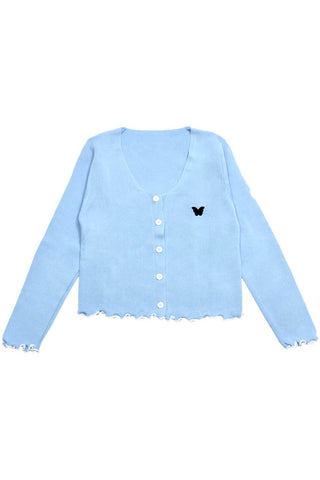 Butterfly Embroidery Lettuce Hem Crop Cardigan